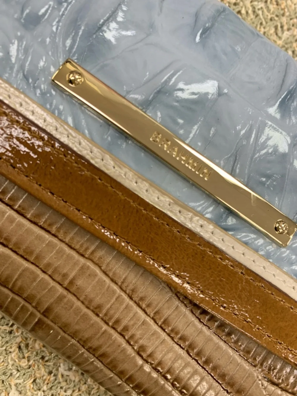 Brahmin Glossy Croc-Embossed Clutch in Light Blue & Brown